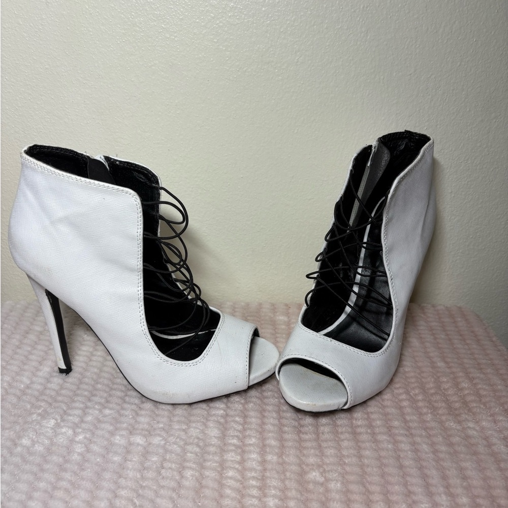 Qupid White Lace-Up Peep-Toe Heels